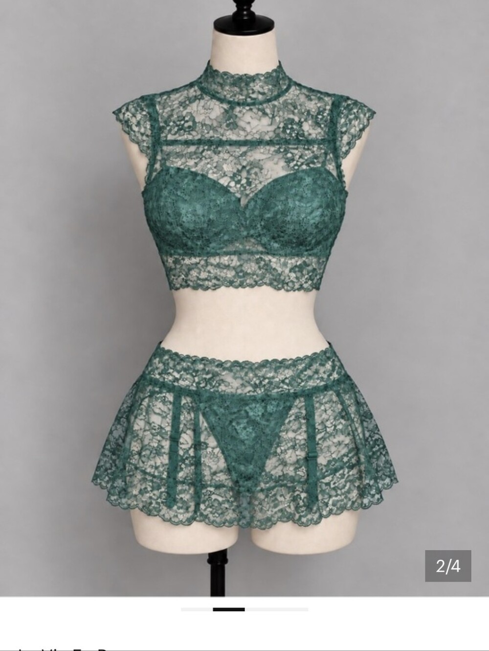 La Vie En Rose Teal Green Lace High-Neck Bralette and Skirt Set